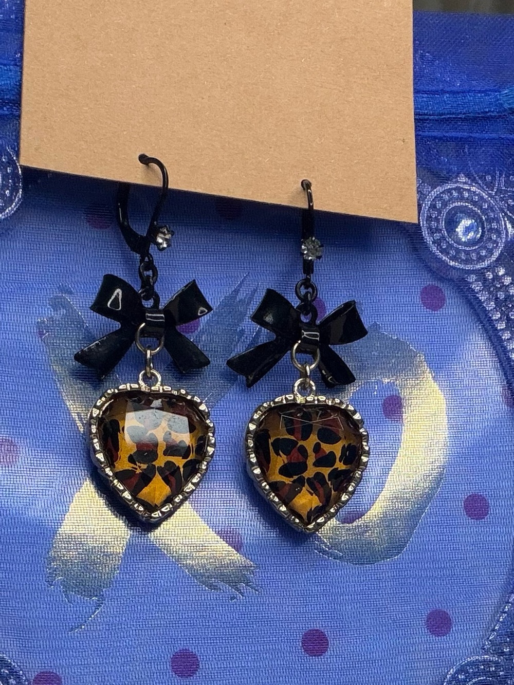Leopard Print Crystal Heart Dangle Earrings Black Bow Leverback Rockabilly